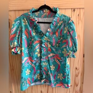 Bright Teal Floral Ruffle V-Neck Top